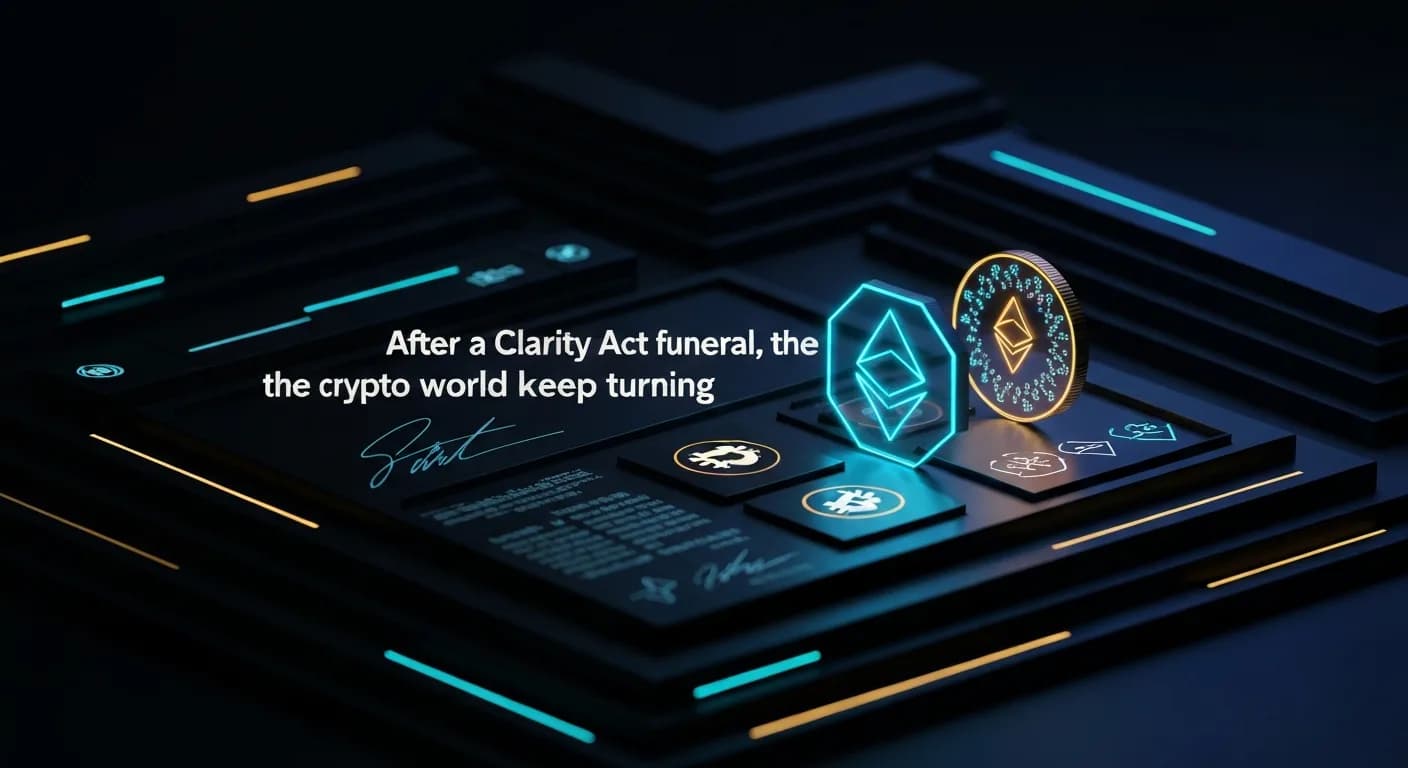 AI-generated editorial illustration for After a Clarity Act funeral, the crypto world would keep turning