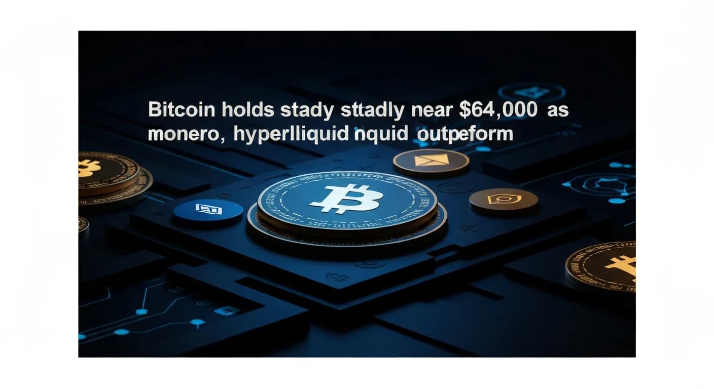 AI-generated editorial illustration for Bitcoin holds steady near $64,000 as monero, hyperliquid outperform