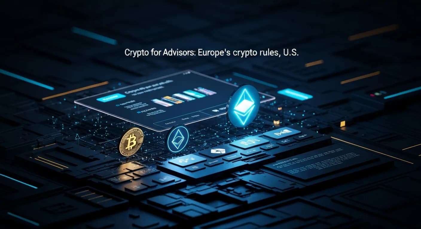 AI-generated editorial illustration for Crypto for Advisors: Europe's crypto rules, U.S. Preview
