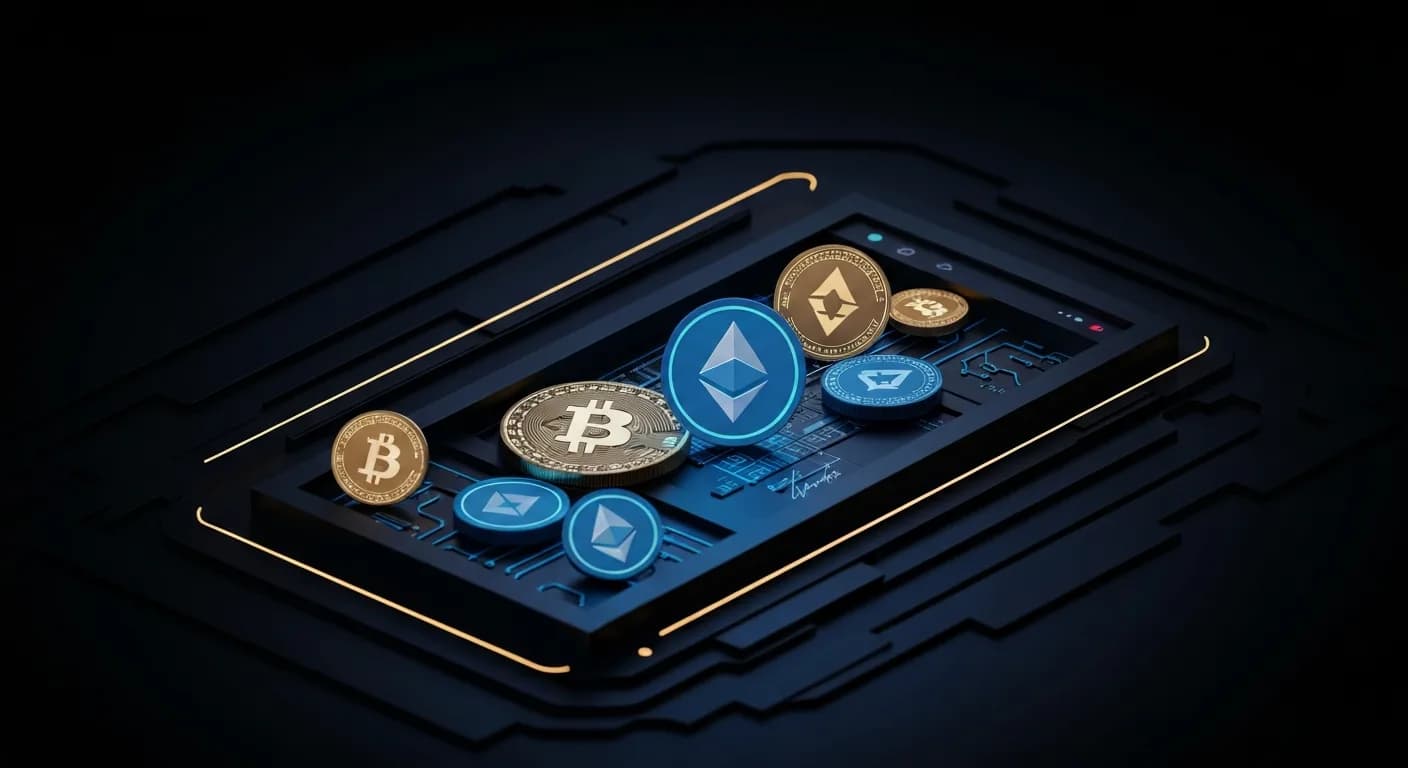 AI-generated editorial illustration for XRP, ether lead crypto losses as traders eye $70,000 bitcoin next