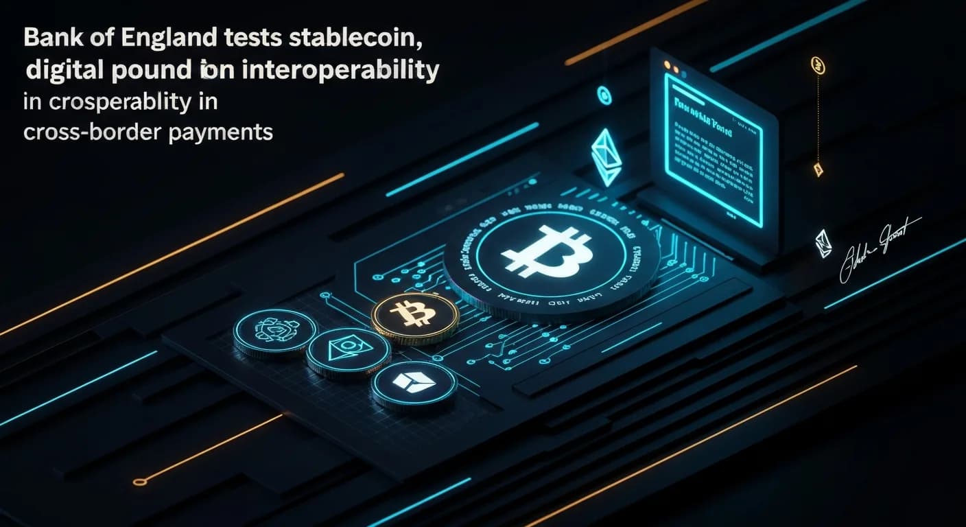 AI-generated editorial illustration for Bank of England tests stablecoin, digital pound interoperability in cross-border payments
