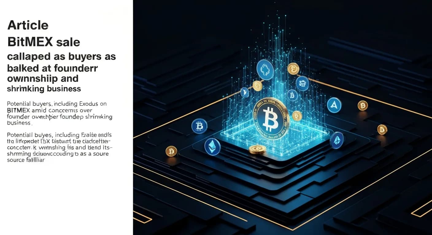 AI-generated editorial illustration for BitMEX sale collapsed as buyers balked at founder ownership and shrinking business