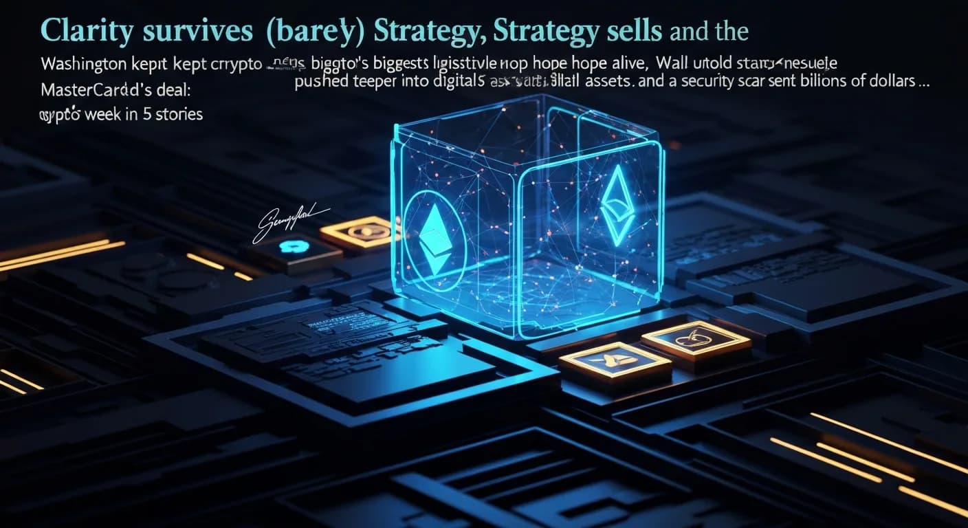 AI-generated editorial illustration for Clarity survives (barely), Strategy sells and the untold story of Mastercard's $1.8 billion deal: Crypto's week in 5 stories