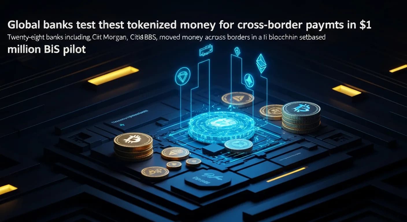 AI-generated editorial illustration for Global banks test tokenized money for cross-border payments in $1 million BIS pilot