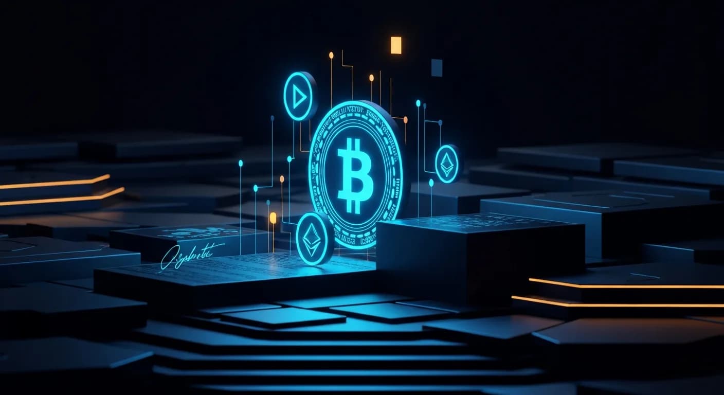 AI-generated editorial illustration for Live updates: Bitcoin holds above $64,000 as Nasdaq surges on AI trade comeback