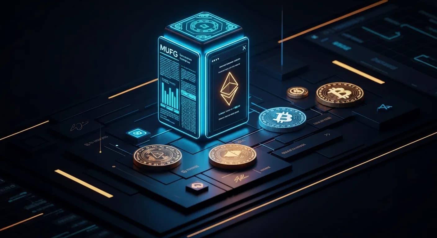 AI-generated editorial illustration for MUFG to test real-time blockchain settlement for Japanese government bond trades