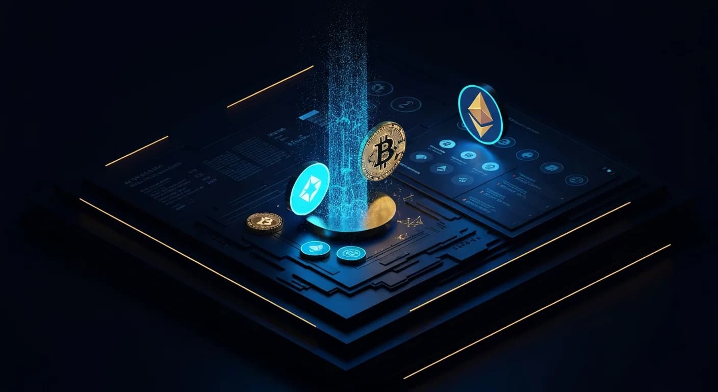 AI-generated editorial illustration for S&P launches blockchain fundamentals index for digital assets The benchmark tracks blockchain networks using protocol revenue, offering an alternative to traditional market capitalization-weighted crypto indexes.